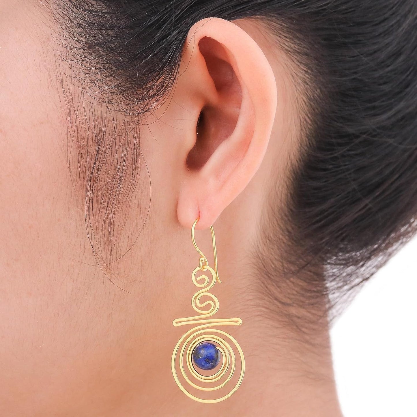 Artisan Handmade 24K Gold Plated Lapis Lazuli Dangle Earrings Crafted Brass Blue Thailand Modern 'Follow the Dream' - WORLD TIME VISITS