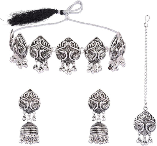 Boho Vintage Antique Ethnic Gypsy Tribal Indian Silver Oxidized Pendant Chain Statement Necklace Jewelry - WORLD TIME VISITS