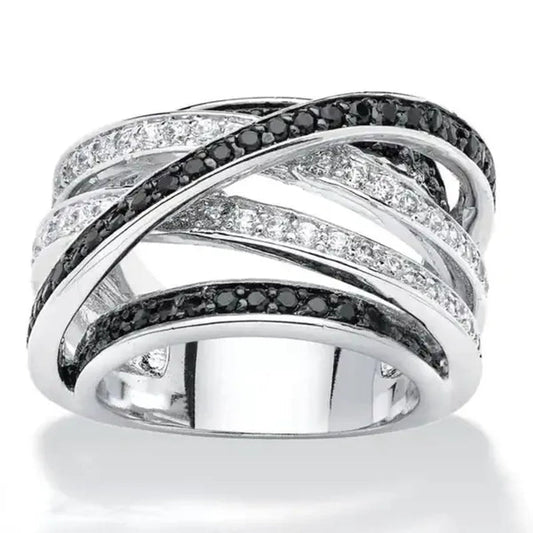 Trendy Multilayer 925 Sterling Silver Plated Diamond Black Gemstone Rings for Women Bridal Engagement Proposal Ring Jewelry