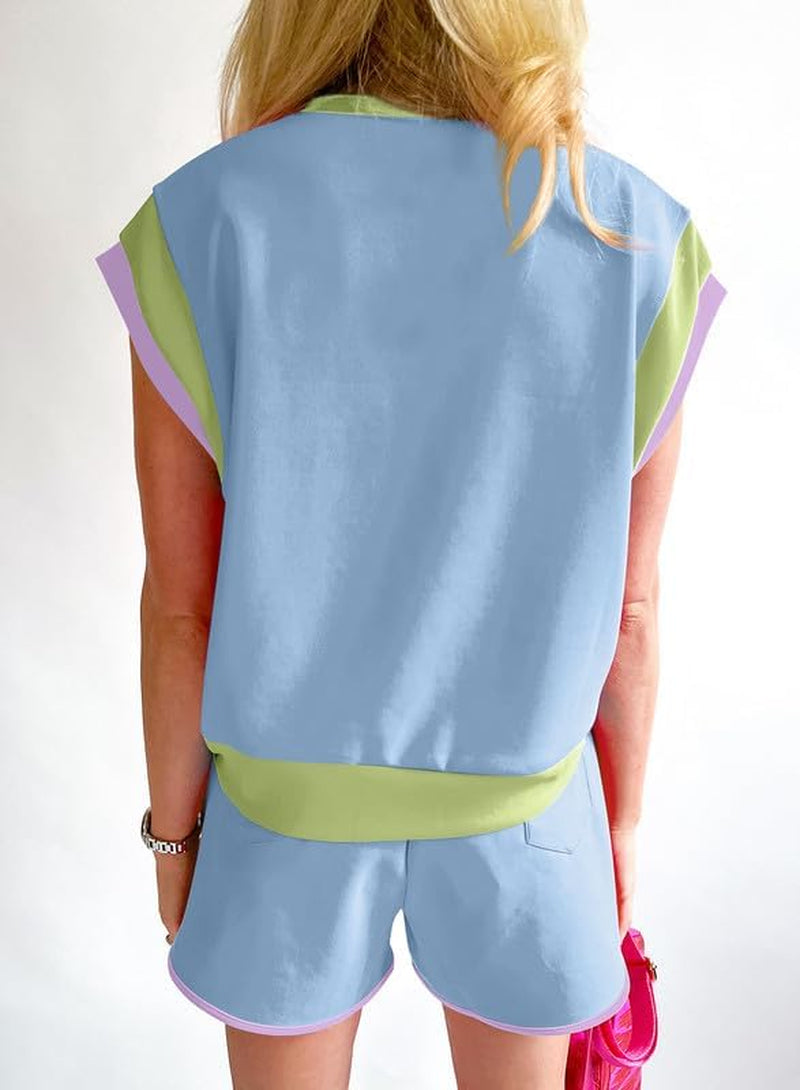 Two 2 Piece Lounge Sets for Women Summer Casual Short Sleeve Tops Matching Shorts Loose Fit Loungewear Tracksuit Set Womens Clothing Sky Blue S