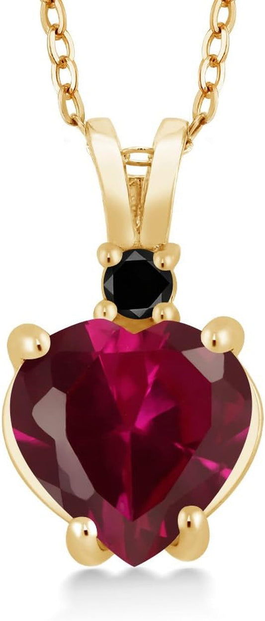14K Yellow Gold Red Created Ruby and Black Diamond Pendant Necklace for Women (2.25 Cttw, Heart Shape 8MM, with 18 Inch Chain)