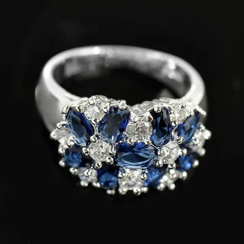 Fashion Women Blue Sapphire Flower Rings Crystal Zircon Gemstone Rings Size 6-10 - WORLD TIME VISITS