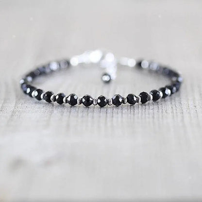 Black Spinel, Sterling & Karen Hill Tribe Silver Bracelet Boho Beaded Gemstone Bracelet Dainty Stacking Bracelet