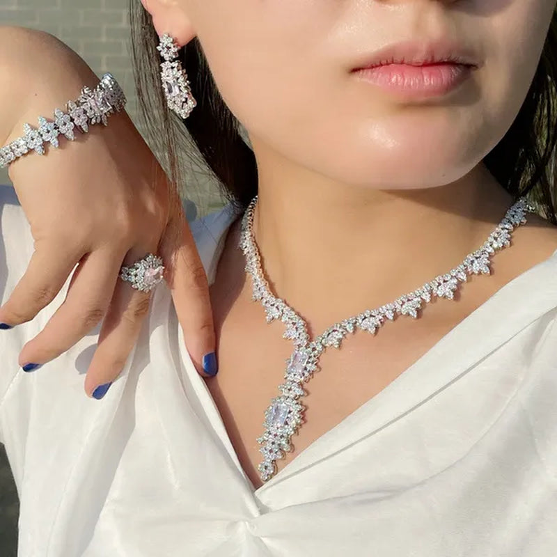 CANDICE High Quality White Gold Plated AAA CZ Women Long Pendant Necklace Earrings Ring Bracelet 4pcs Jewelry Set for Deep V Wedding Party Dress Accessories