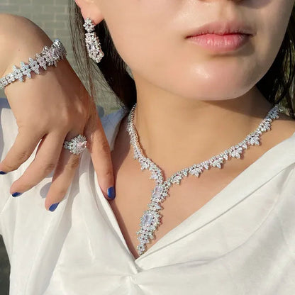 CANDICE High Quality White Gold Plated AAA CZ Women Long Pendant Necklace Earrings Ring Bracelet 4pcs Jewelry Set for Deep V Wedding Party Dress Accessories