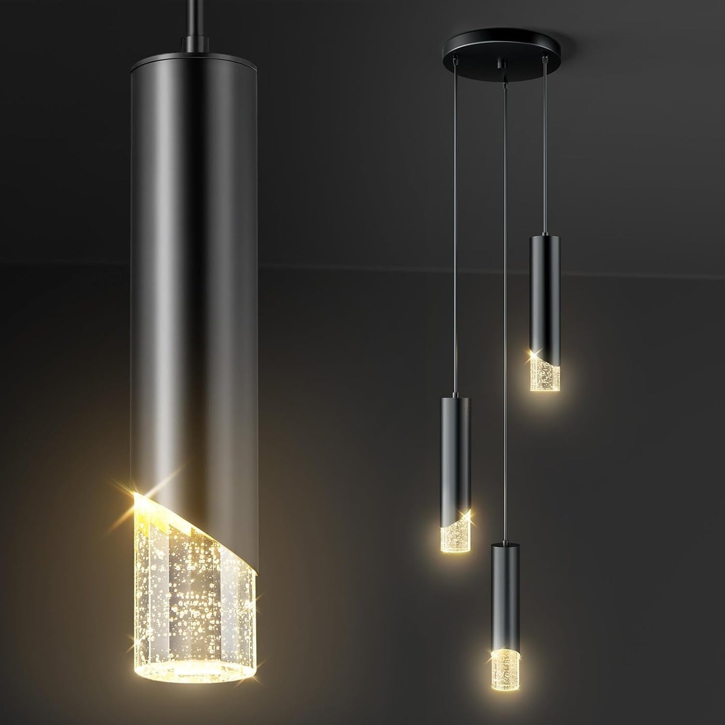 Modern Pendant Lights, 3-Lights Crystal Pendant Lighting for Kitchen Island, Dimmable Hanging Light Fixture with Adjustable Height for Kitchen, Dining Room, Bedroom (3-Lights, Black)