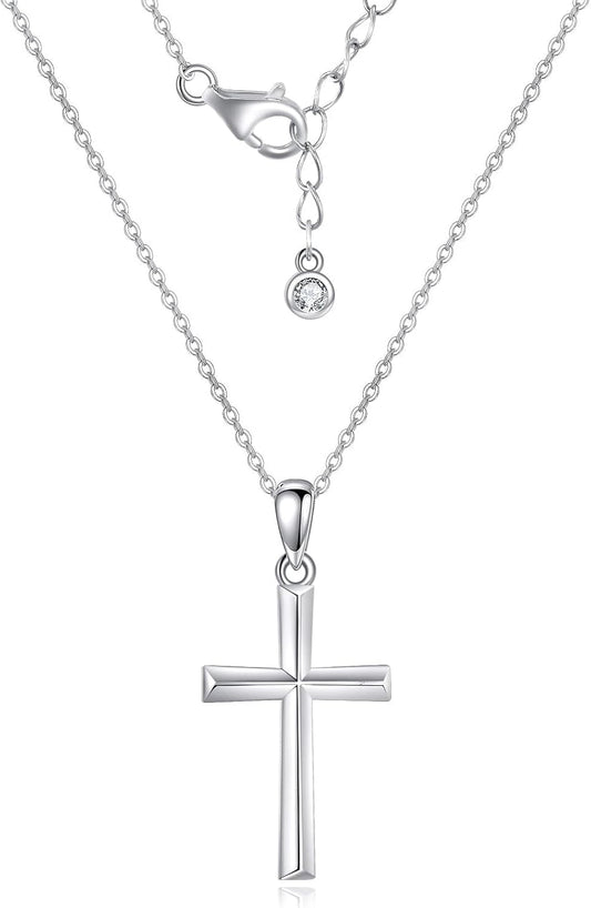 Minimalist Cross Necklace 925 Sterling Silver Dainty Pendant with Zircon Tail Chain, Simple Religious Jewelry Gift for Women - WORLD TIME VISITS