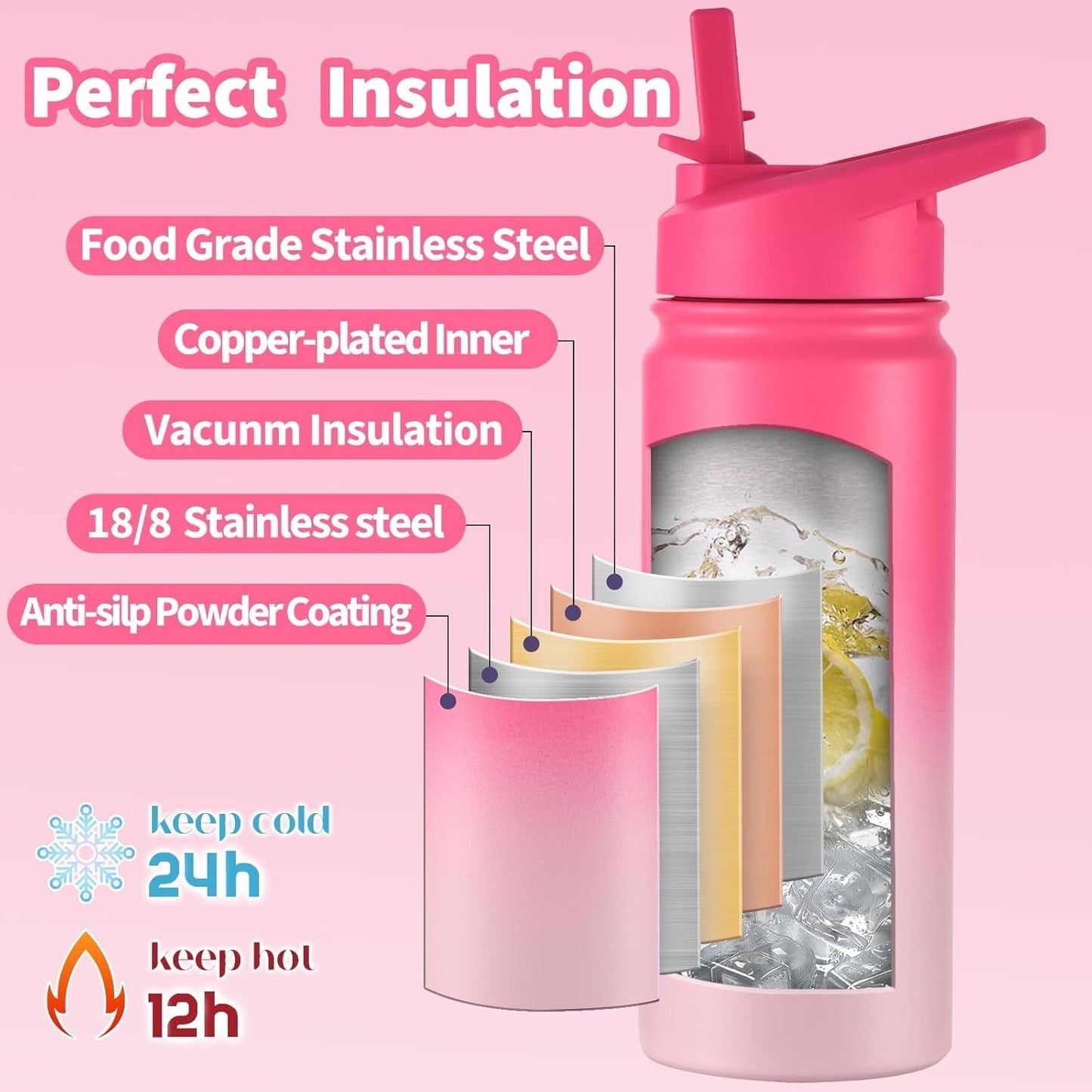 Kids Water Bottle for School, 16Oz Stainless Steel Insulated Water Bottle Kids with Straw Lid for Girls, Boys (Sweat Peach)