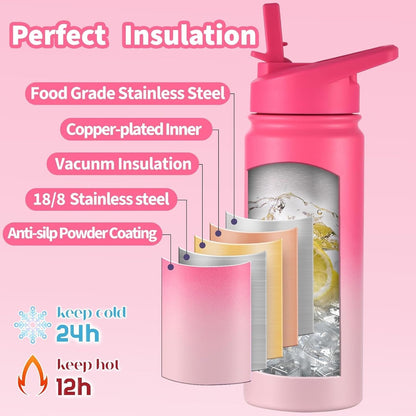 Kids Water Bottle for School, 16Oz Stainless Steel Insulated Water Bottle Kids with Straw Lid for Girls, Boys (Sweat Peach)