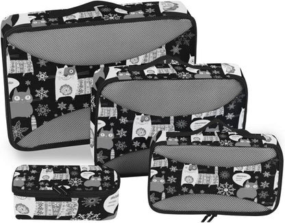 Seamless Retro Russian Cat Snowflakes on Black Happy New Year 4 Pcs Set Packing Bags, Luggage Organizer Bag, Portable Cube Toiletry Bag, Durable Travel Cosmetic Storage Bag for Men Women - WORLD TIME VISITS