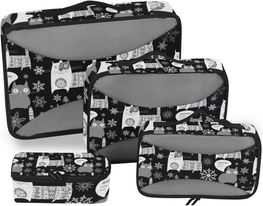 Seamless Retro Russian Cat Snowflakes on Black Happy New Year 4 Pcs Set Packing Bags, Luggage Organizer Bag, Portable Cube Toiletry Bag, Durable Travel Cosmetic Storage Bag for Men Women - WORLD TIME VISITS