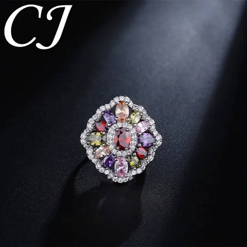 CANDICE Women Fashion Sterling Silver Plated Jewelry Summer New Design Paved Pink Purple Green Zircon Bling Lady Big Finger Rings（US SIZE 6-9）