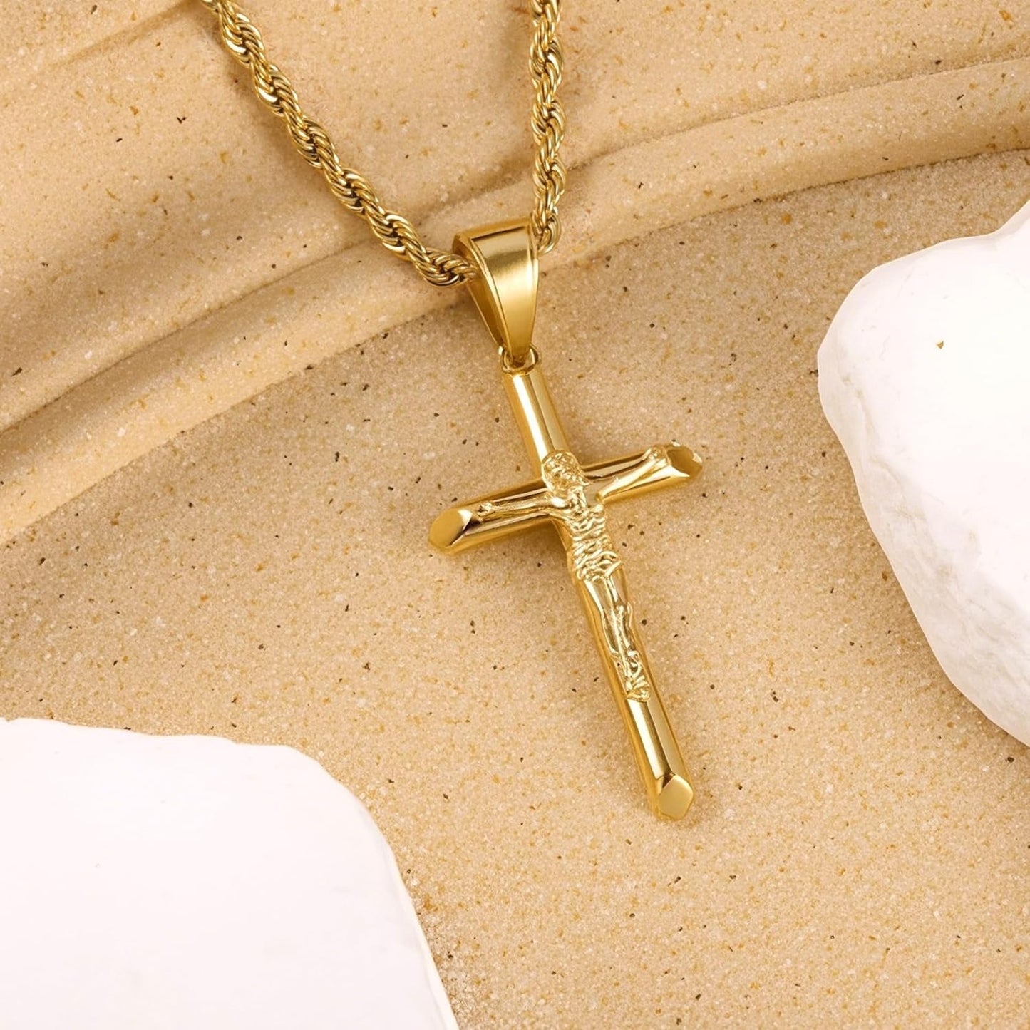 Sterling Silver Plated Cross Necklace for Men Gold Plated Cross Necklaces for Women Trendy Stainless Steel Crucifix Pendant with 3Mm 21Inch Rope Chain