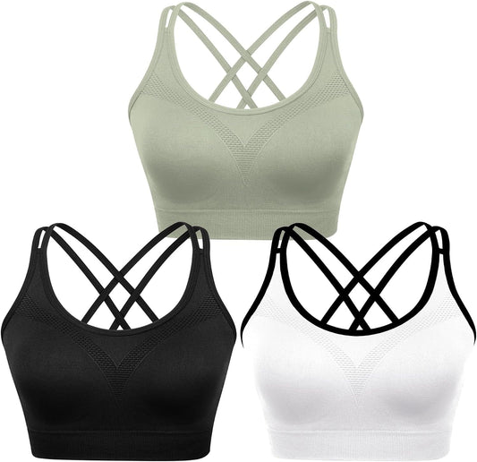 Cross Back Sports Bra for Women Padded Strappy Yoga Bra Medium Support Workout Bra for Athletic Gym Fitness 3 Pack