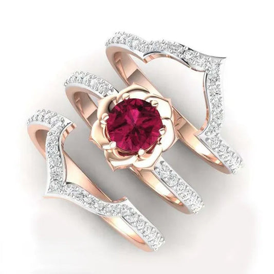 3 Pcs/Set of Exquisite Bridal Wedding Jewelry Rose Petals Inlaid with Red Zircon Ring Gypsophila Zircon Ring Embracing Roses Set Engagement Wedding Ring Birthday Christmas Gift Ring Jewelry Size 5-13