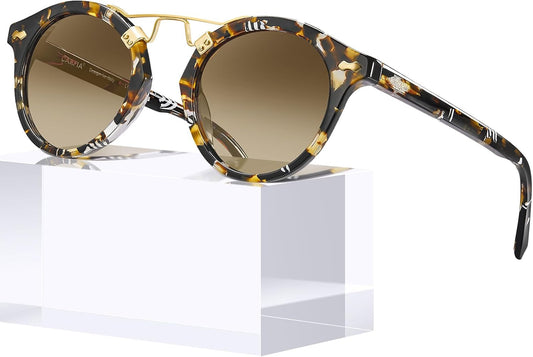Small Face Acetate Polarized Sunglasses for Women UV Protection, Retro Double Bridge Eyewears Metal Brow round Sunnies