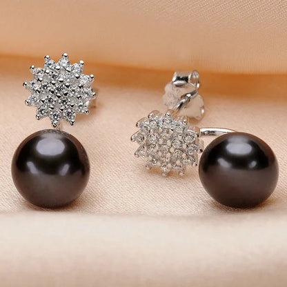 Real 925 Sterling Silver 7-8mm Black Freshwater Pearl Stud Earring Women Fashion Jewelry FEIGE