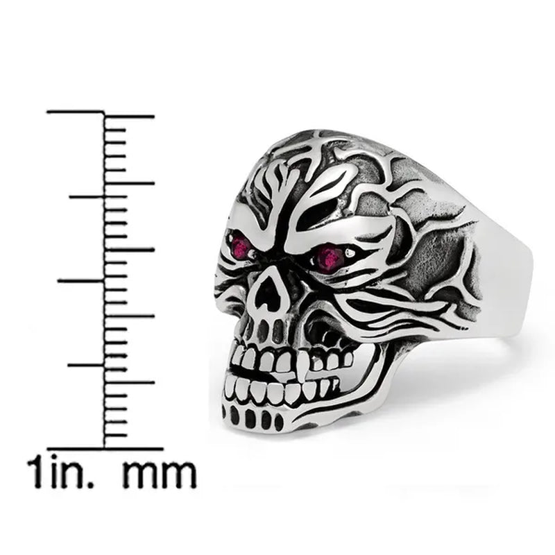 Men'S Sculpted Skull Biker Ring Sterling Silver 925 with Red Ruby Eyes CZ 25MM