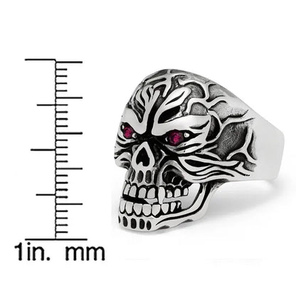 Men'S Sculpted Skull Biker Ring Sterling Silver 925 with Red Ruby Eyes CZ 25MM