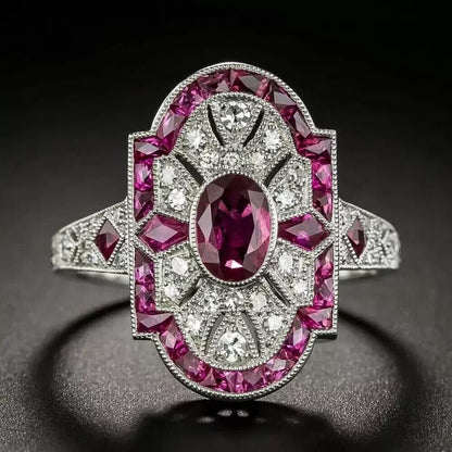 Art Deco Vintage Oval Cut Ruby & Lab Created Diamond 925 Silver Engagement Ring