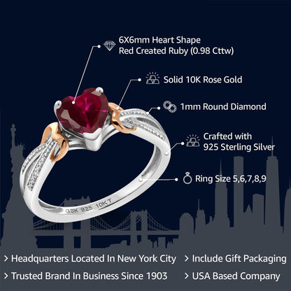 925 Silver and 10K Rose Gold Red Created Ruby and Diamond Ring for Women (0.98 Cttw, Heart Shape 6MM, Available in Size 5, 6, 7, 8, 9)