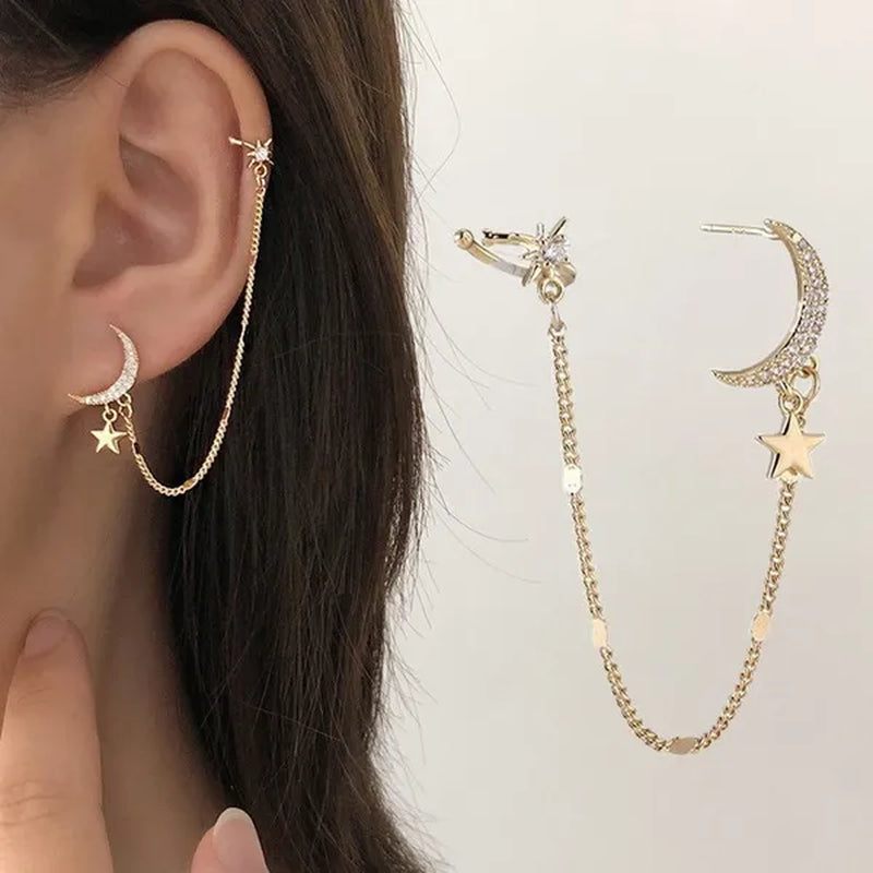 New Simple Moon Star Rhinestone Long Chain Earrings Shining Sun Crescent Geometric Tassel Piercing Earrings Ear Bone Clip Jewelry