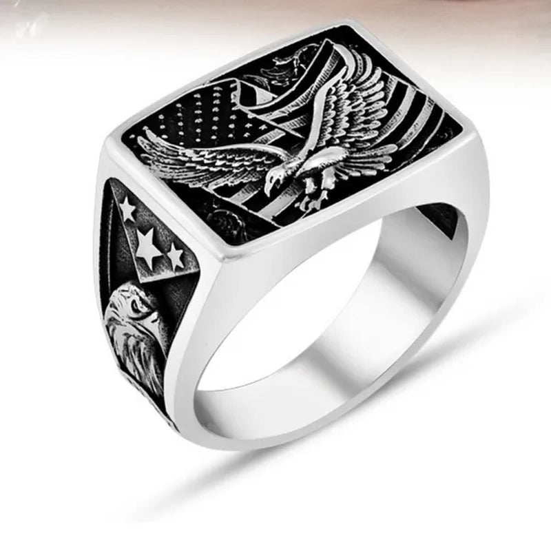American ring, American Flag Ring, Bald Eagle Figured American Patriot Silver Men's Ring, Handmade 925k Sterling Silver Ring Gift for him,