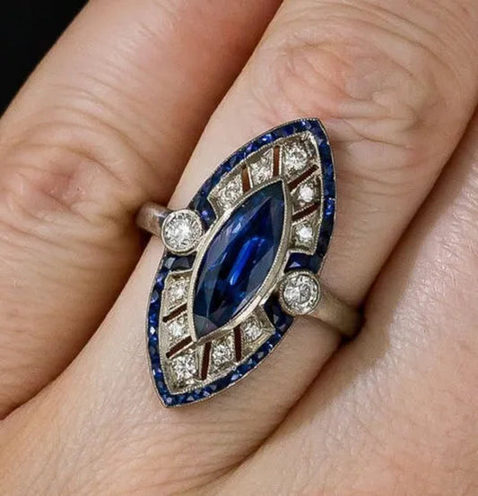 Art Deco Blue Marquise Sapphire Diamond Wedding Engagement Ring 925 Sterling Silver