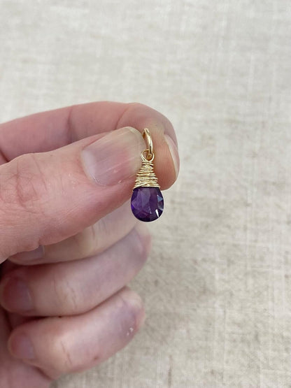 February Birthstone Charm for Necklace or Bracelet - Small Genuine Amethyst Briolette Pendant Wire Wrapped in Gold Fill