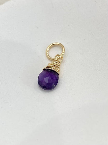 February Birthstone Charm for Necklace or Bracelet - Small Genuine Amethyst Briolette Pendant Wire Wrapped in Gold Fill