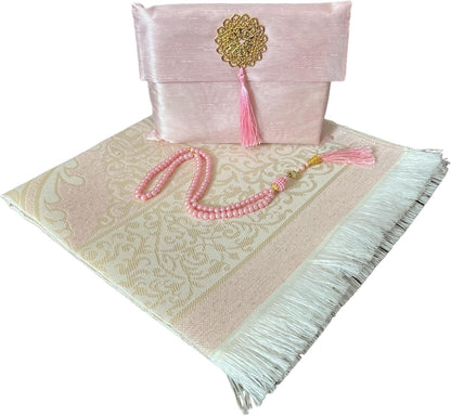 Muslim Prayer Rug and Beads with Elegant Slub Fabric Bag | Janamaz | Sajadah | Soft Islamic Prayer Rug | Islamic & Mawlid Gifts | Prayer Carpet Mat, Taffeta Fabric (Pink, 1 Sets)