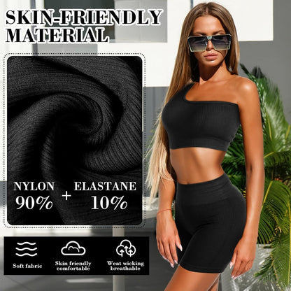 4 Pcs Women'S Workout Sets Pilates Exercise Outfit Ribbed Scoop Neck Sports Bra Shorts Leggings Gym Clothes Set