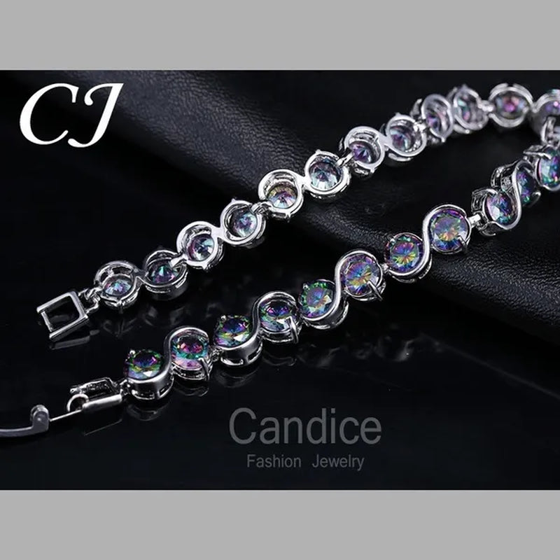CANDICE Amazing S Shaped with Round Genuine Mystic Rainbow Crystal Stone Women Bracelet Solid Sterling Silver Plated