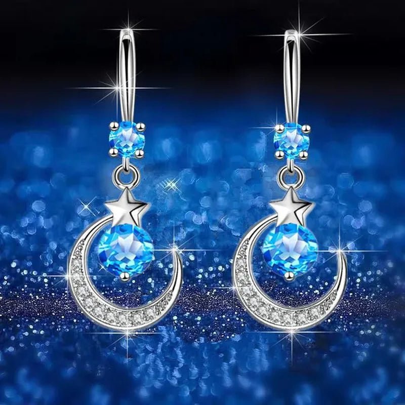 Female Fashion Star Moon Earrings Silver Plated Pink Blue White Cubic Zirconia Dangle Earrings Bride Wedding Engagement Anniversary Valentine's Day Gift Jewelry
