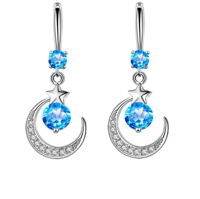 Female Fashion Star Moon Earrings Silver Plated Pink Blue White Cubic Zirconia Dangle Earrings Bride Wedding Engagement Anniversary Valentine's Day Gift Jewelry