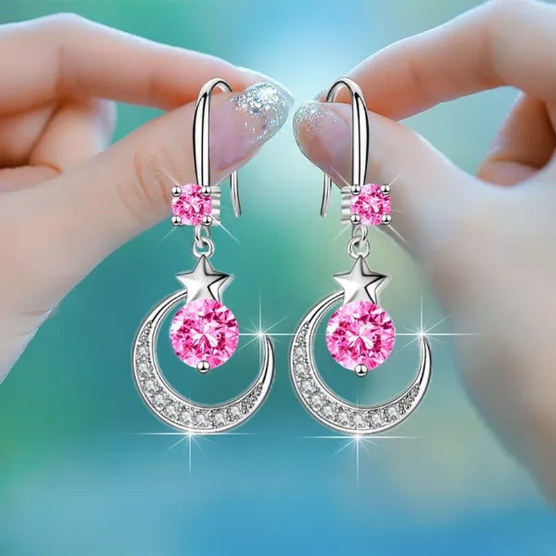 Female Fashion Star Moon Earrings Silver Plated Pink Blue White Cubic Zirconia Dangle Earrings Bride Wedding Engagement Anniversary Valentine's Day Gift Jewelry - WORLD TIME VISITS