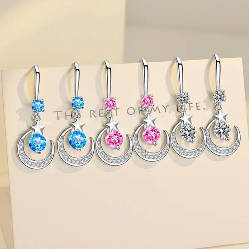 Female Fashion Star Moon Earrings Silver Plated Pink Blue White Cubic Zirconia Dangle Earrings Bride Wedding Engagement Anniversary Valentine's Day Gift Jewelry - WORLD TIME VISITS