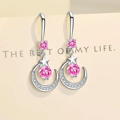 Female Fashion Star Moon Earrings Silver Plated Pink Blue White Cubic Zirconia Dangle Earrings Bride Wedding Engagement Anniversary Valentine's Day Gift Jewelry