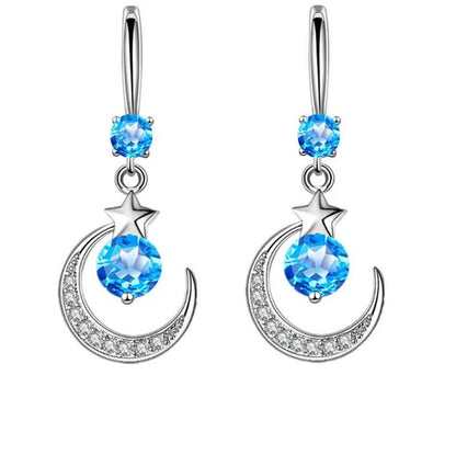 Female Fashion Star Moon Earrings Silver Plated Pink Blue White Cubic Zirconia Dangle Earrings Bride Wedding Engagement Anniversary Valentine's Day Gift Jewelry