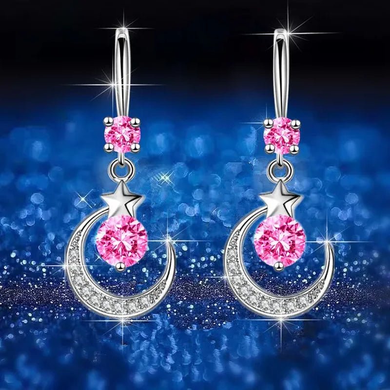 Female Fashion Star Moon Earrings Silver Plated Pink Blue White Cubic Zirconia Dangle Earrings Bride Wedding Engagement Anniversary Valentine's Day Gift Jewelry