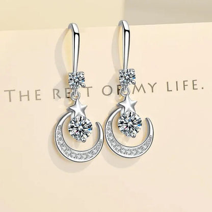 Female Fashion Star Moon Earrings Silver Plated Pink Blue White Cubic Zirconia Dangle Earrings Bride Wedding Engagement Anniversary Valentine's Day Gift Jewelry