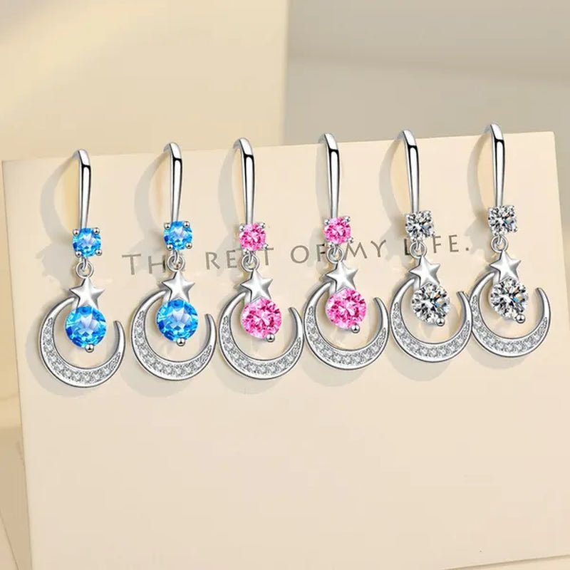 Female Fashion Star Moon Earrings Silver Plated Pink Blue White Cubic Zirconia Dangle Earrings Bride Wedding Engagement Anniversary Valentine's Day Gift Jewelry - WORLD TIME VISITS