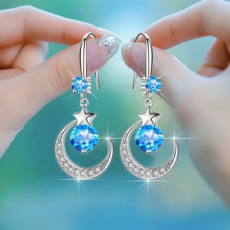 Female Fashion Star Moon Earrings Silver Plated Pink Blue White Cubic Zirconia Dangle Earrings Bride Wedding Engagement Anniversary Valentine's Day Gift Jewelry - WORLD TIME VISITS