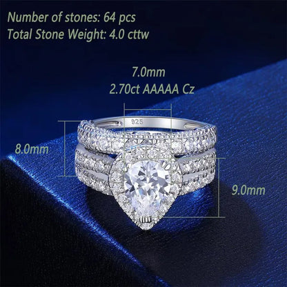 Newshe 4 Carats Wedding Teardrop Shape Engagement Ring Set for Women 925 Sterling Silver White Cubic Zirconia Size 4-13