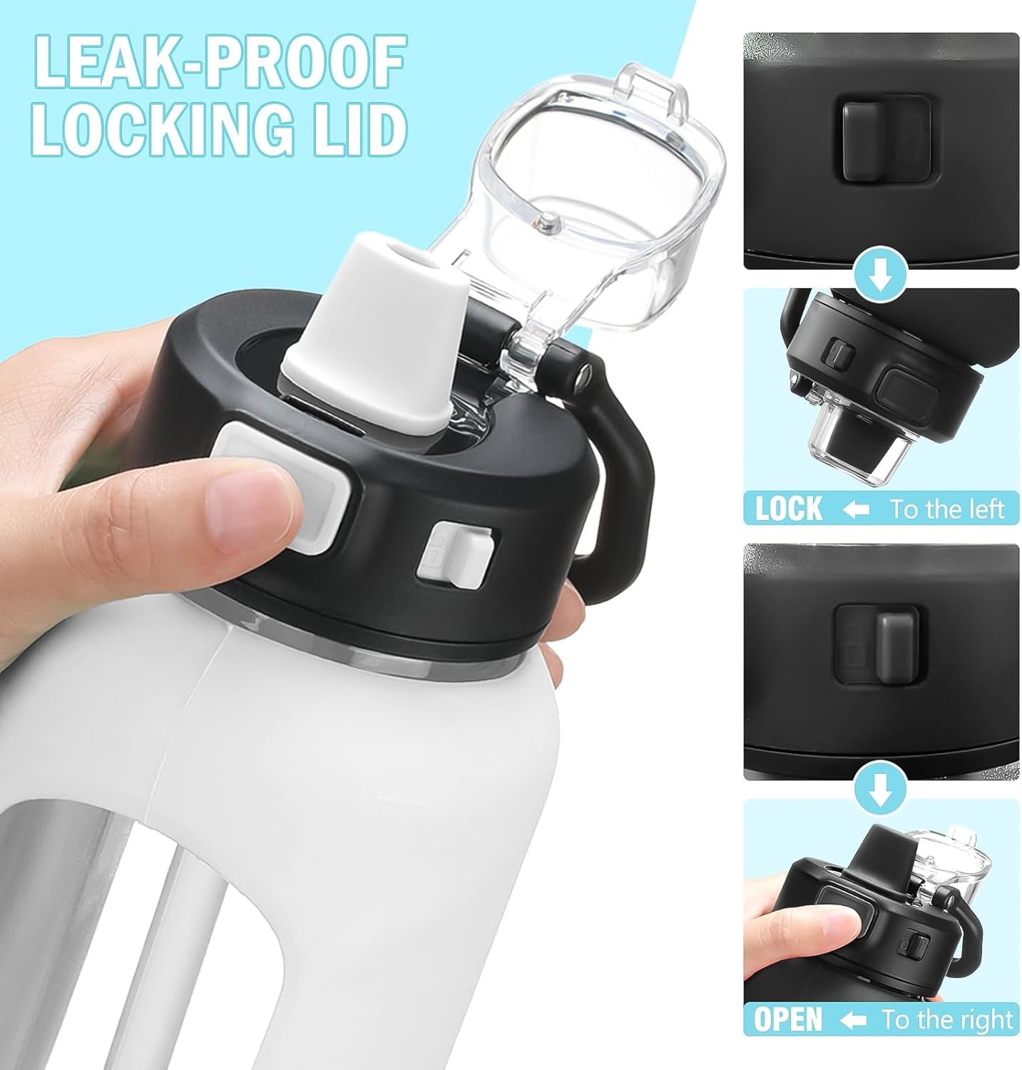 Water Bottle with Straw and Carry Handle, Glass Water Bottle 24 Oz Leak Proof Locking Lid with Soft Silicone Spout, Small Clear Water Bottle, Travel Sports Water Jug, Time Marker, White - WORLD TIME VISITS