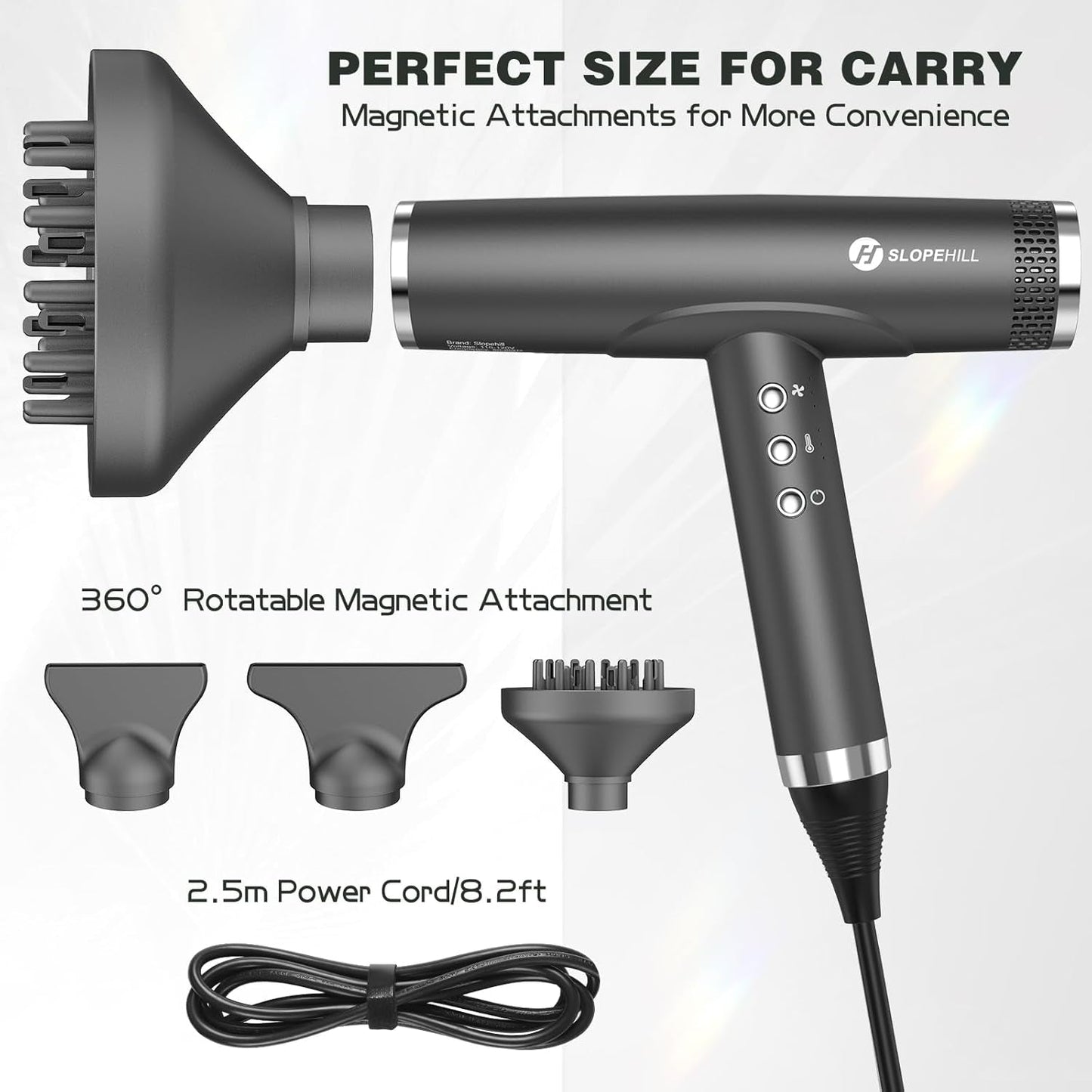 Professional Hair Dryer with Diffuser, Ionic Hair Dryer,Lightweight Compact Powerful & Fast Salon Blow Dryer with High Speed Brushless Motor, Travel Hair Dryer, Women & Men (Ceramic, Dark)