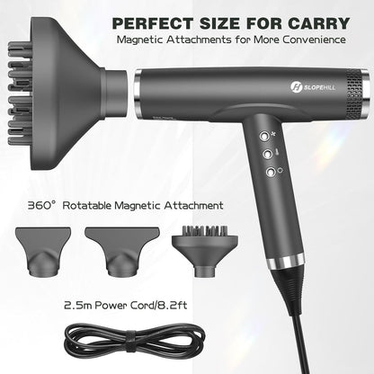 Professional Hair Dryer with Diffuser, Ionic Hair Dryer,Lightweight Compact Powerful & Fast Salon Blow Dryer with High Speed Brushless Motor, Travel Hair Dryer, Women & Men (Ceramic, Dark)