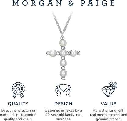 .925 Sterling Silver Gemstone or Cultured Pearl Classic Cross Pendant Necklace on 18" Chain - Choice of Birthstone Colors