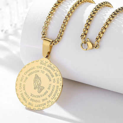 Serenity Prayer Necklace with Praying Hands Coin Pendant for Men Women Lords Prayer Bible Verse Courage Wisdom Stainless Steel 24 Inches