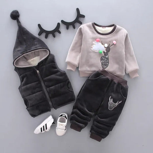 3Pcs/Set NEW Infant Baby Kids Cashmere and Thickening Winter Warm Cartoon Sika Deer Long Sleeved Hooded Coat Outerwear Jacket Pant Chidlren Outfits 3-Pieces Suit